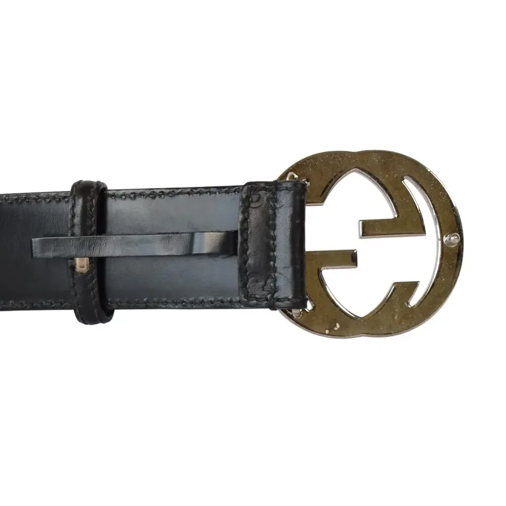 Gucci GG Monogram Black Leather Belt Silver Buckle Italy